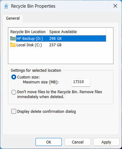 Check the external drive in the Recycle Bin properties dialog