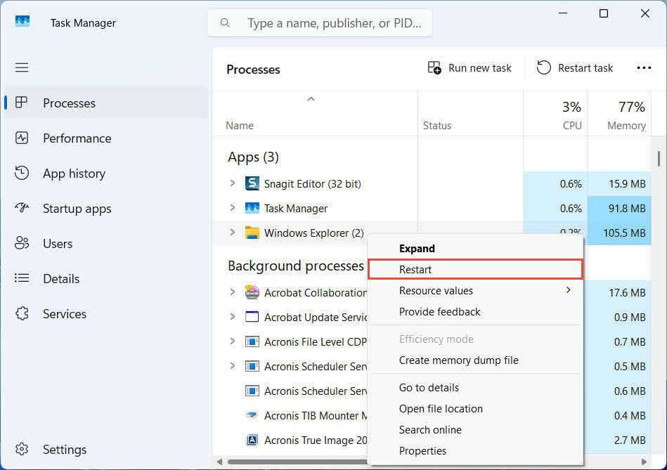 Restart Windows Explorer in Task Manager.