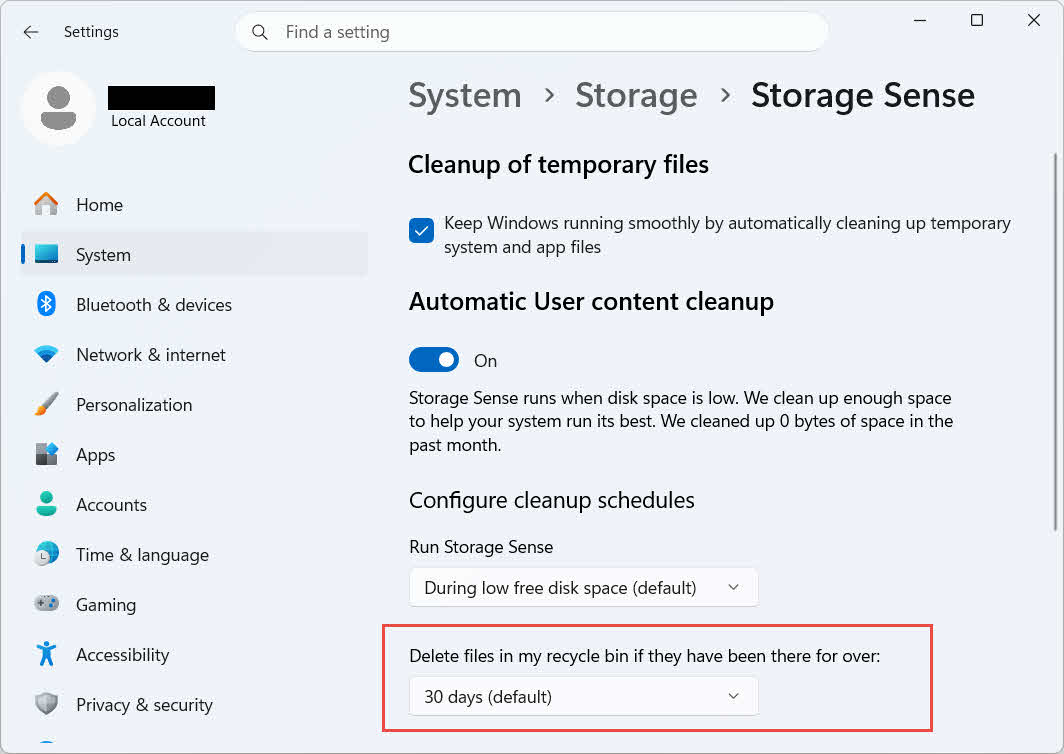 Cleanup Recycle Bin setting in Windows Storage Sense